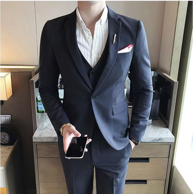 S-7XL ( Jacket + Vest + Pants ) Mens Suit Solid Color Mens Classic Suits Red Prom Suit Black White Blue Slim Groom Wedding Dress