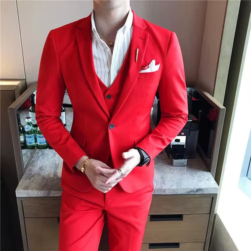 S-7XL ( Jacket + Vest + Pants ) Mens Suit Solid Color Mens Classic Suits Red Prom Suit Black White Blue Slim Groom Wedding Dress