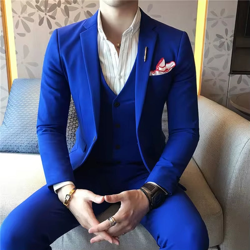 S-7XL ( Jacket + Vest + Pants ) Mens Suit Solid Color Mens Classic Suits Red Prom Suit Black White Blue Slim Groom Wedding Dress