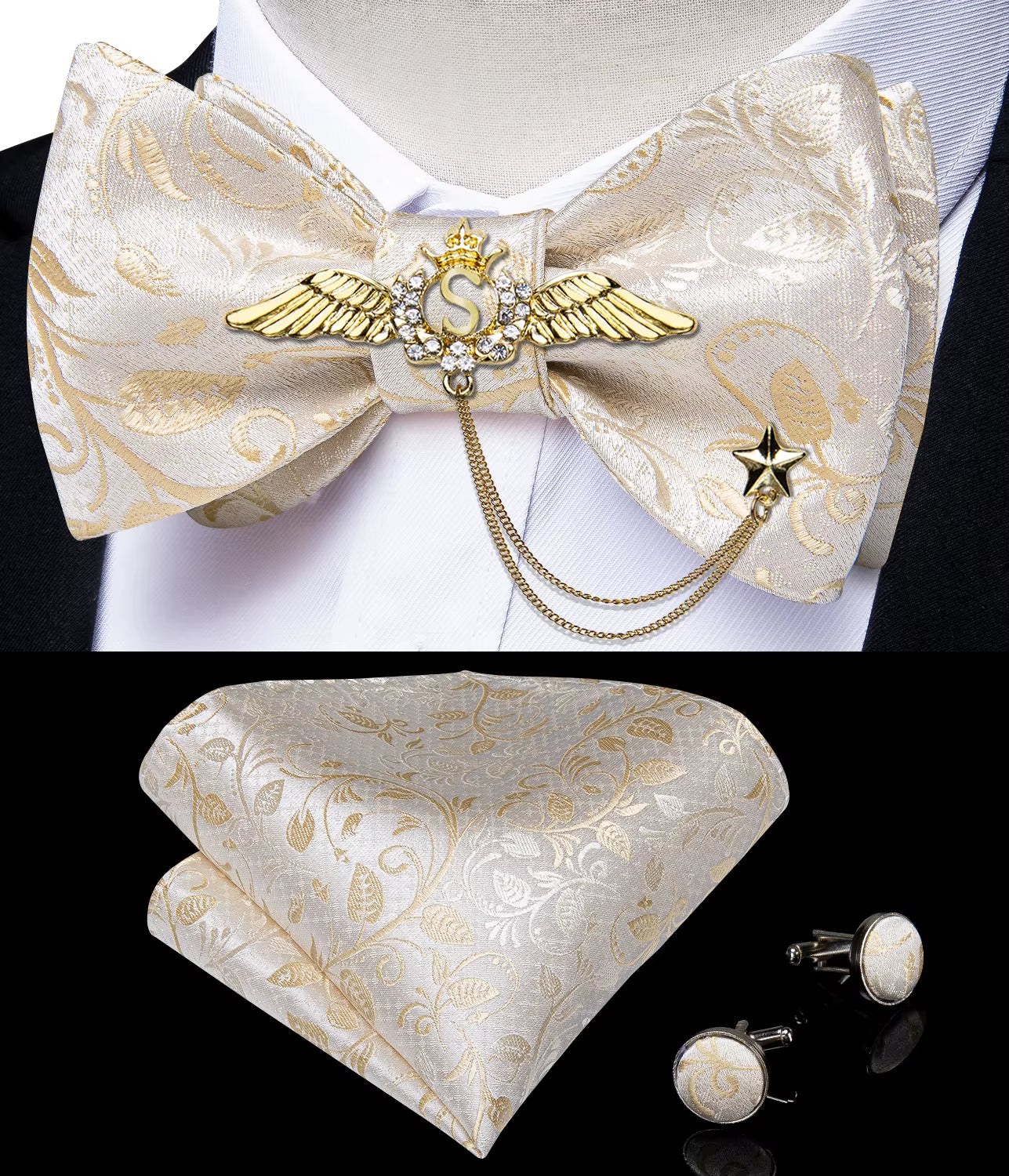 New Arrival Bow Ties for Men Silk Bowties Cufflinks Handkerchief Set for Party Wedding Suit Accessories Man Tie Golden Brooch
