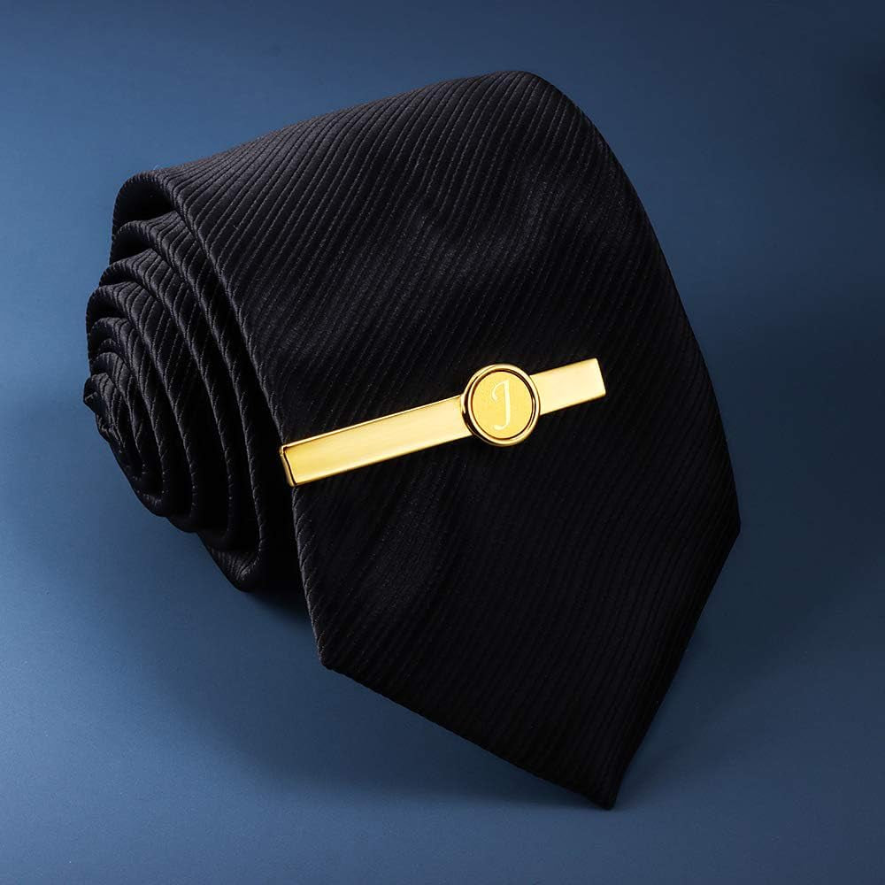 2 Inch Tie Clips and Cufflinks Sets for Men A-Z Gold Engraved Letter Cufflinks and Tie Clips Sets for Formal Business Wedding