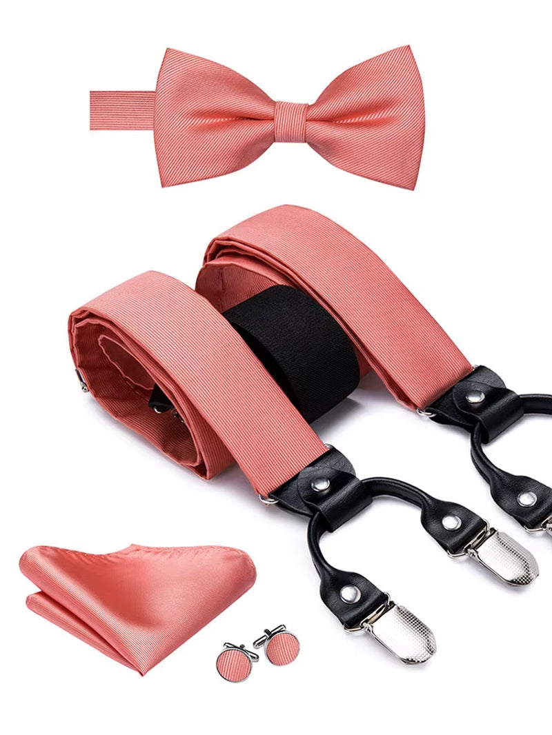 Hi-Tie Vintage Silk Men'S Suspender Set Fashion Gold Floral Suspender and Bow Tie Set Leather Metal 6 Clips Suspender Braces