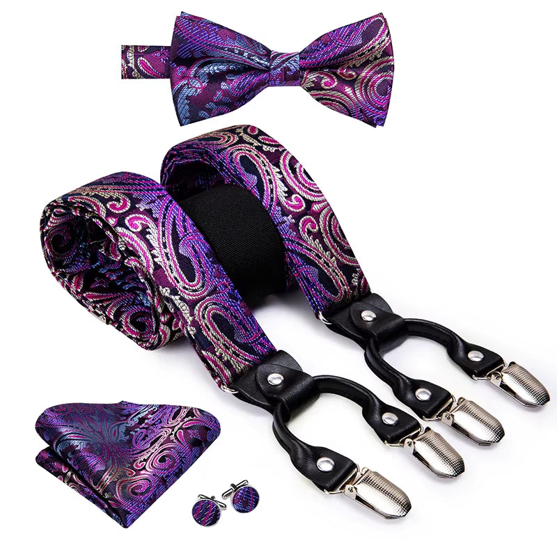 Hi-Tie Vintage Silk Men'S Suspender Set Fashion Gold Floral Suspender and Bow Tie Set Leather Metal 6 Clips Suspender Braces
