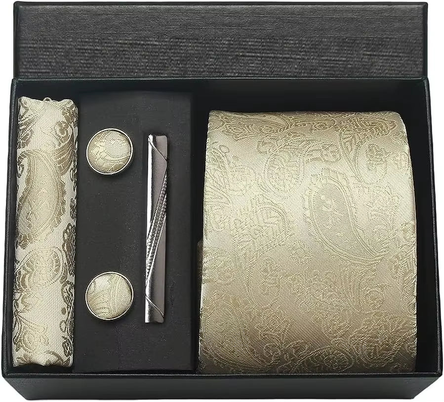 100% Silk Necktie Paisley Floral Mens Tie Top Quality Business Tie Pocket Square Tie Clip Cufflinks Set Classic for Men Gift Box