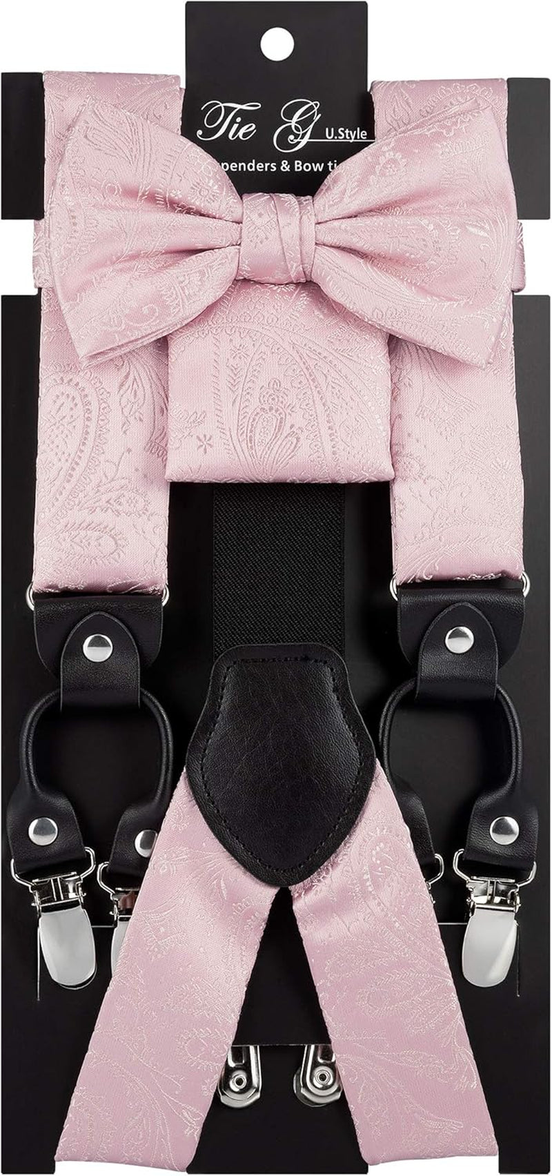 TIE G Paisley Suspender, Bow Tie, Pocket Square Set for Men'S Tuxedo Suspenders : Adjustable Braces, Strong Enhanced 6 Clips