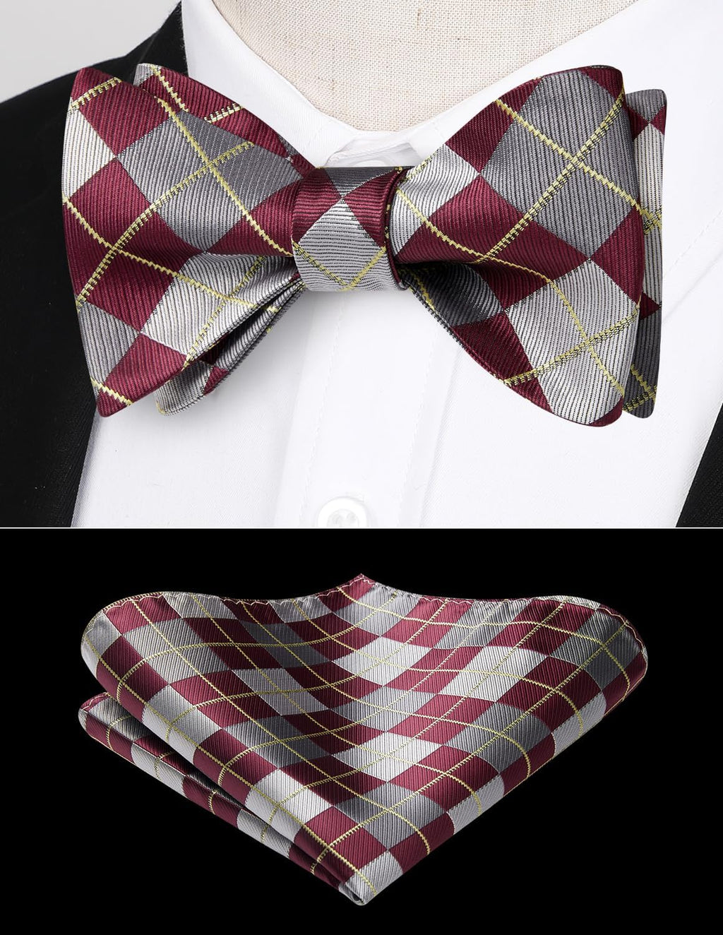 Bow Ties for Men Check Plaid Self Tie Bow Tie and Pocket Square Bowtie Formal Tuxedo Wedding Bowties Handkerchief Set