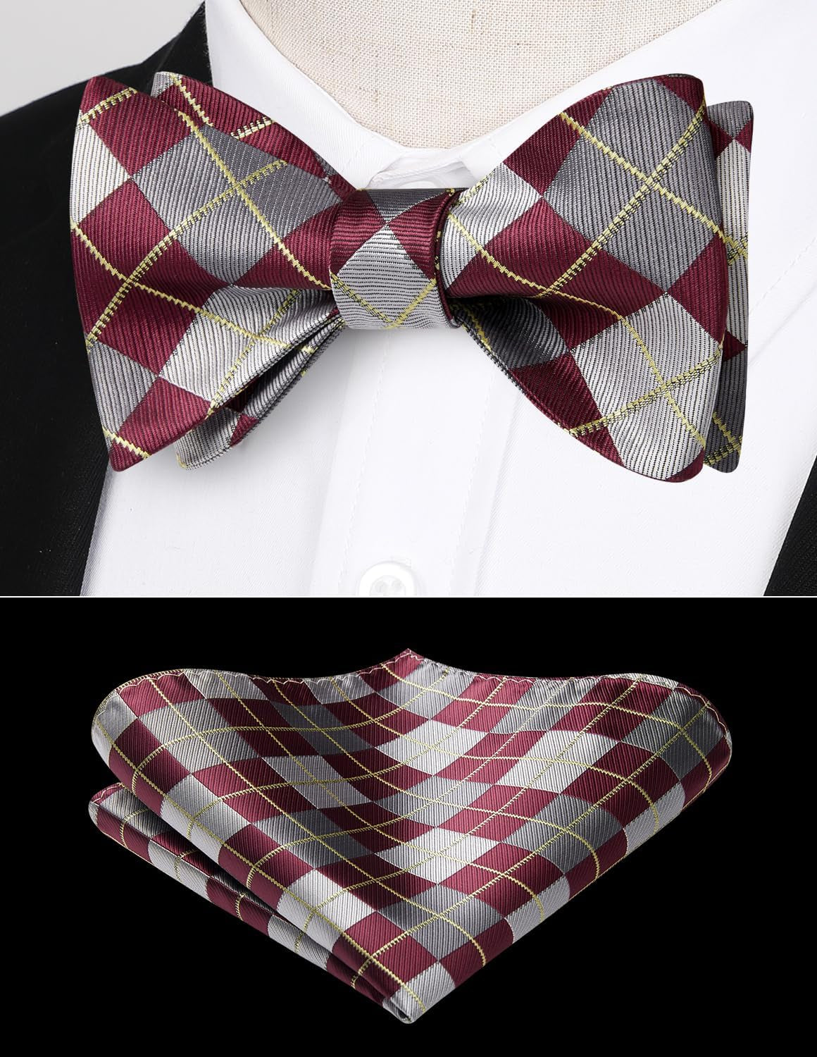 Bow Ties for Men Check Plaid Self Tie Bow Tie and Pocket Square Bowtie Formal Tuxedo Wedding Bowties Handkerchief Set