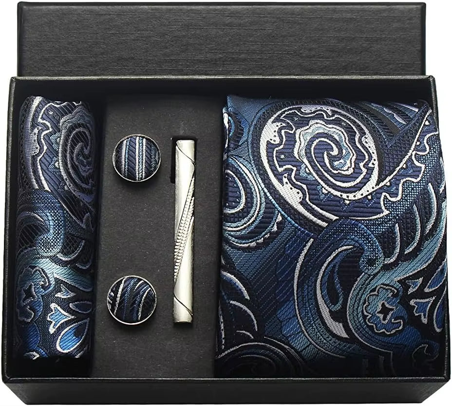 100% Silk Necktie Paisley Floral Mens Tie Top Quality Business Tie Pocket Square Tie Clip Cufflinks Set Classic for Men Gift Box
