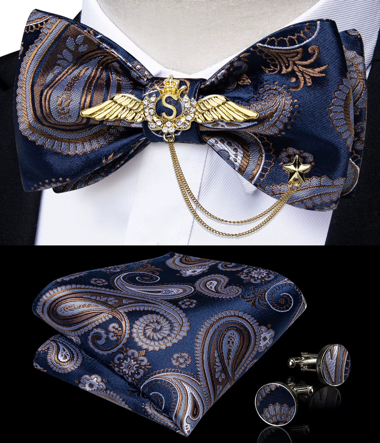 New Arrival Bow Ties for Men Silk Bowties Cufflinks Handkerchief Set for Party Wedding Suit Accessories Man Tie Golden Brooch