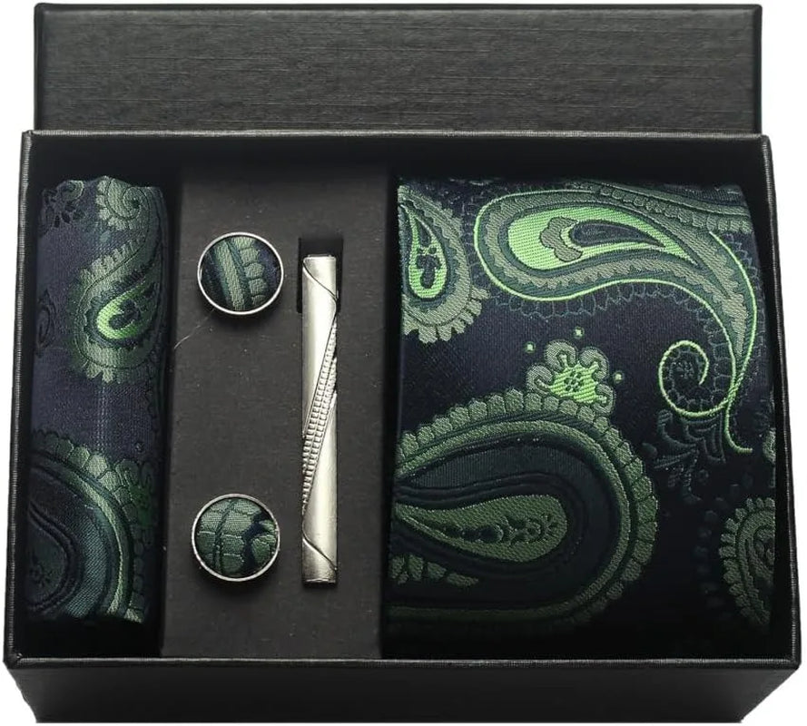 100% Silk Necktie Paisley Floral Mens Tie Top Quality Business Tie Pocket Square Tie Clip Cufflinks Set Classic for Men Gift Box