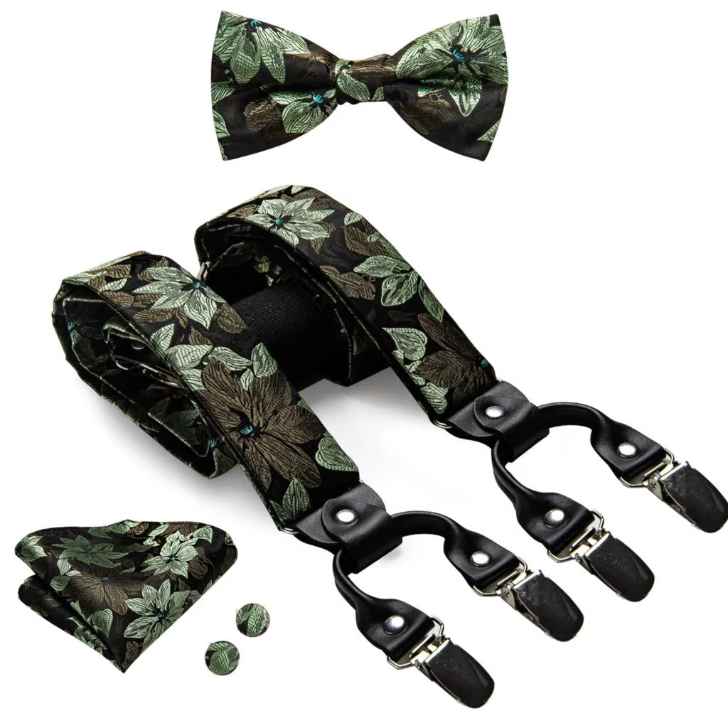 Hi-Tie Vintage Silk Men'S Suspender Set Fashion Gold Floral Suspender and Bow Tie Set Leather Metal 6 Clips Suspender Braces