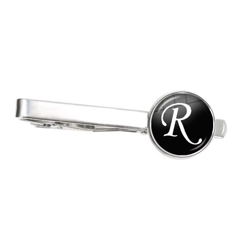 Fashion 26 Alphabet Letters Glass Cabochon Tie Clips Personality Name Letters Jewelry Men Necktie Clip Pin Suit Accessories Gift