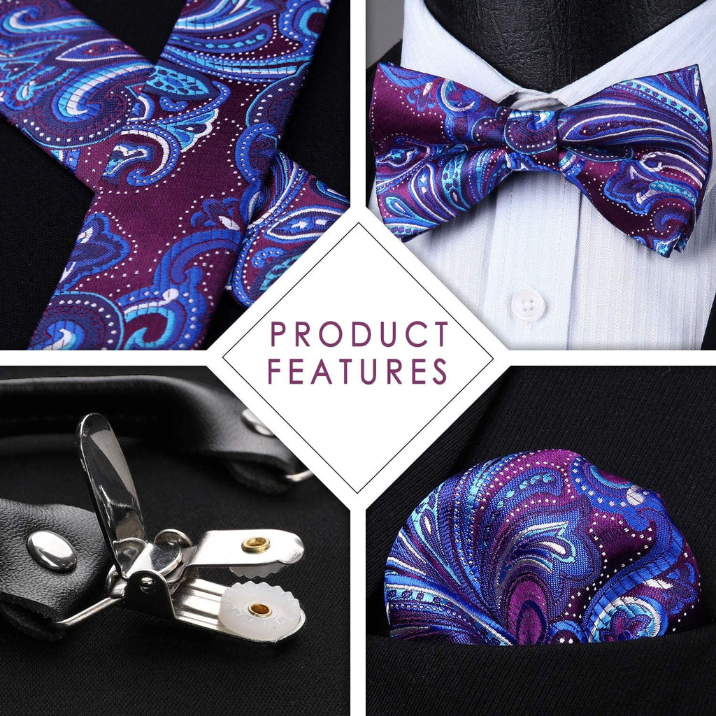 Suspenders for Men Paisley Floral Bow Tie Suspender Pocket Square Sets Adjustable Y Shape 6 Clips Wedding Braces