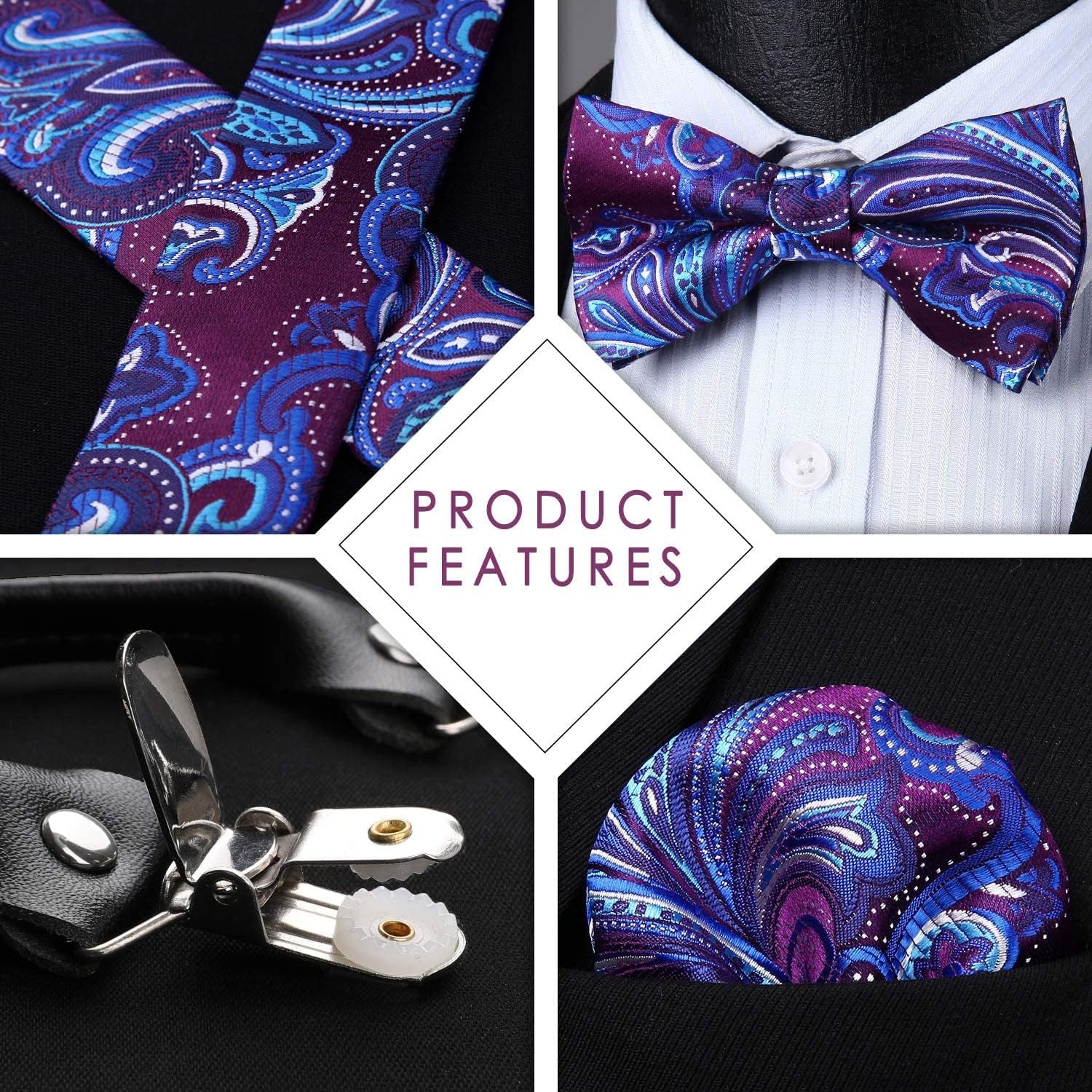 Suspenders for Men Paisley Floral Bow Tie Suspender Pocket Square Sets Adjustable Y Shape 6 Clips Wedding Braces