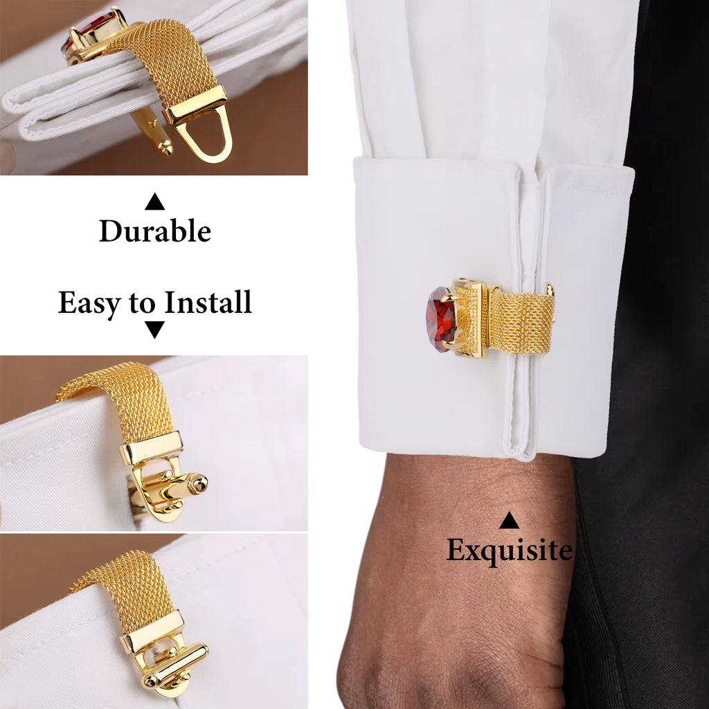 Gold Tone Crystal Cufflinks for Men with Chain Shiny Luxury Cuff Wedding Party Dress Shirt Accessories Gift