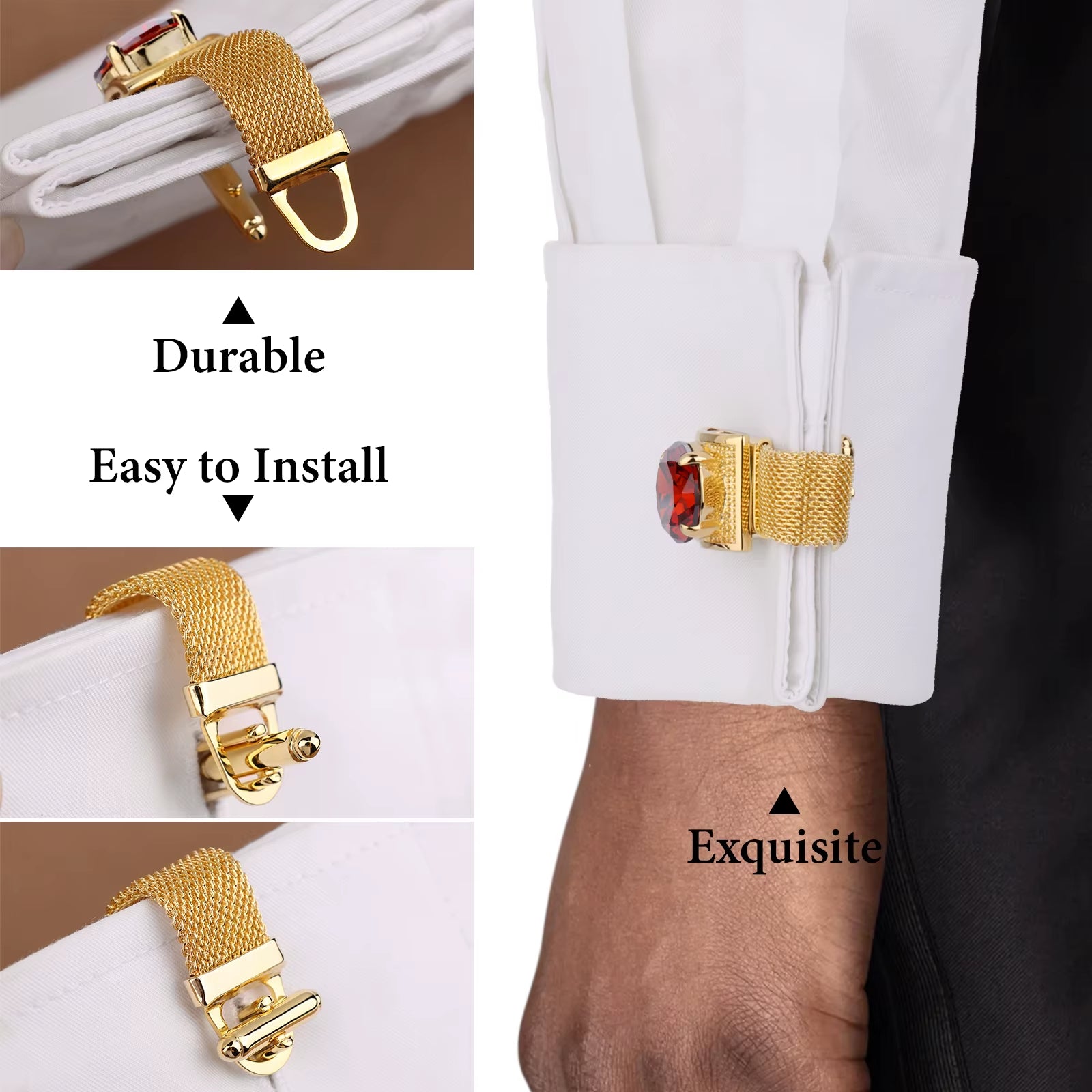 Gold Tone Crystal Cufflinks for Men with Chain Shiny Luxury Cuff Wedding Party Dress Shirt Accessories Gift