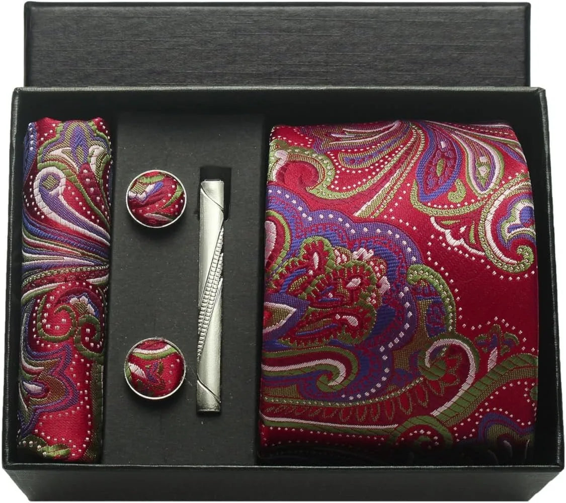 100% Silk Necktie Paisley Floral Mens Tie Top Quality Business Tie Pocket Square Tie Clip Cufflinks Set Classic for Men Gift Box