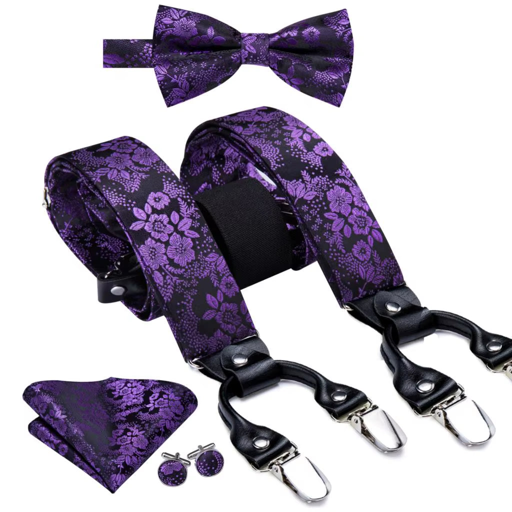 Hi-Tie Vintage Silk Men'S Suspender Set Fashion Gold Floral Suspender and Bow Tie Set Leather Metal 6 Clips Suspender Braces