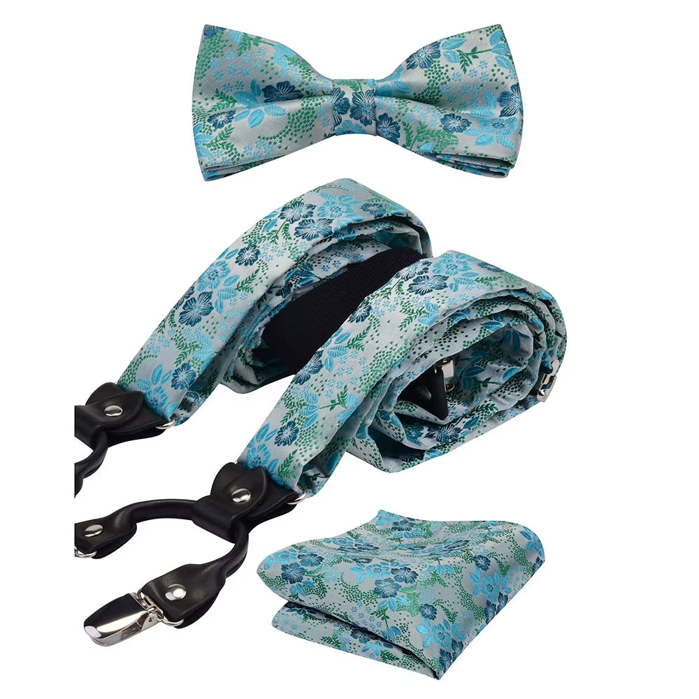 Fashion Floral Suspenders Leather 6 Clip Braces Vintage Casual Suspensorio Bow Tie Hanky Set Strap Bretele Father/Husband'S Gift