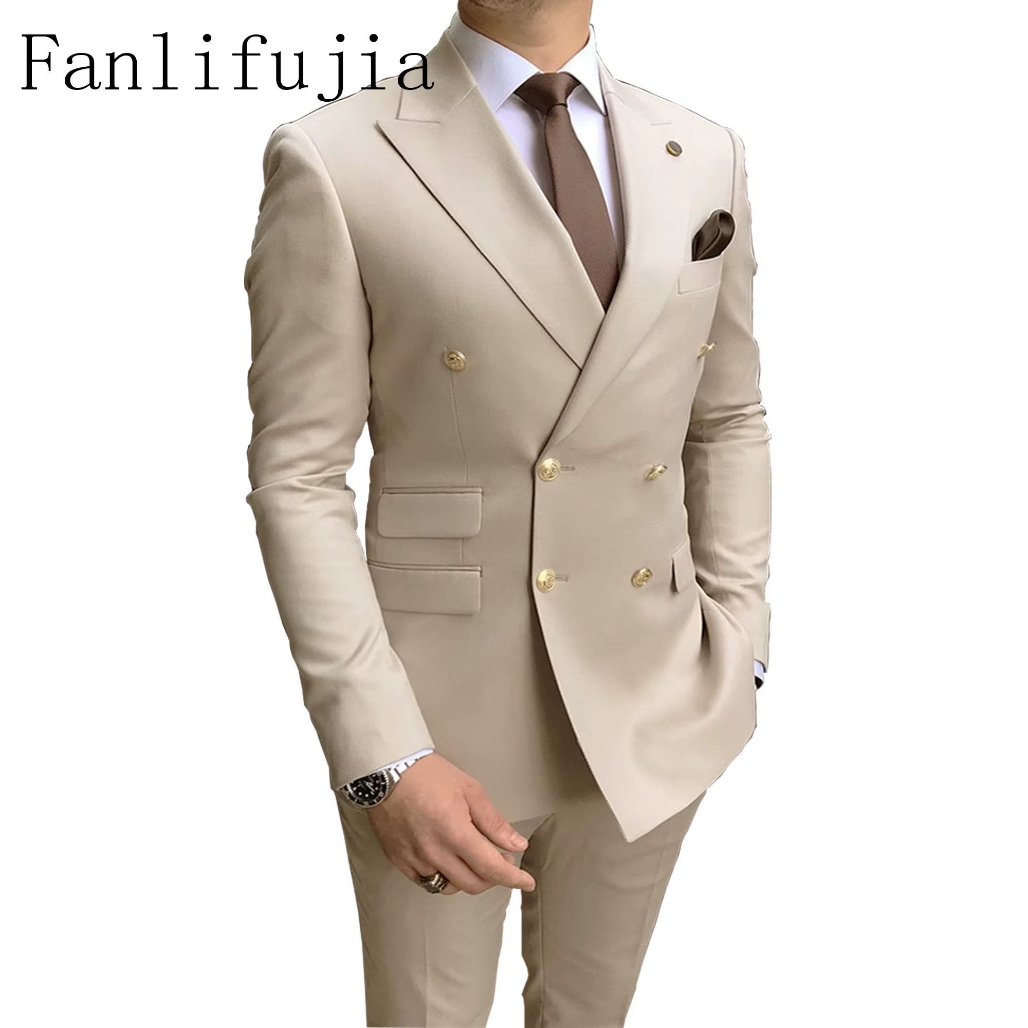 Store Navy Men Party Tuxedos 2 Pieces Latest Peak Lapel Men Suits Gold Buttons Fashion Style Suits Double Breasted