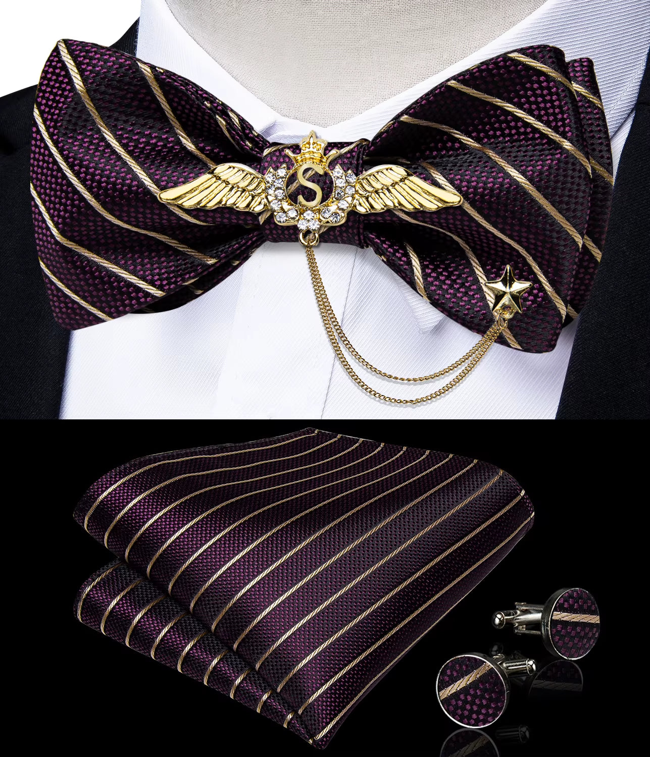 New Arrival Bow Ties for Men Silk Bowties Cufflinks Handkerchief Set for Party Wedding Suit Accessories Man Tie Golden Brooch
