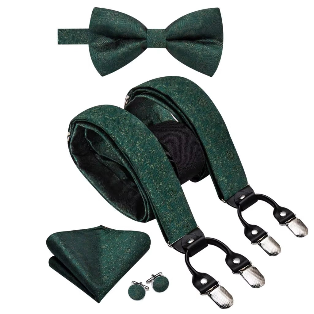 Hi-Tie Vintage Silk Men'S Suspender Set Fashion Gold Floral Suspender and Bow Tie Set Leather Metal 6 Clips Suspender Braces