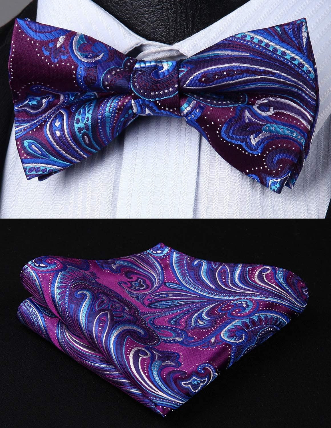 Suspenders for Men Paisley Floral Bow Tie Suspender Pocket Square Sets Adjustable Y Shape 6 Clips Wedding Braces