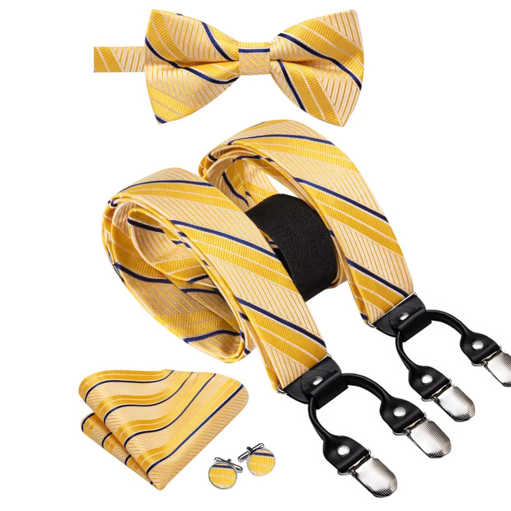 Hi-Tie Vintage Silk Men'S Suspender Set Fashion Gold Floral Suspender and Bow Tie Set Leather Metal 6 Clips Suspender Braces