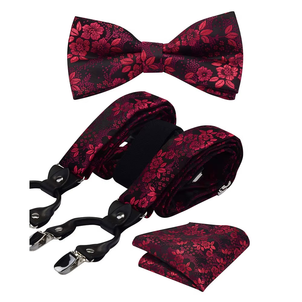 Fashion Floral Suspenders Leather 6 Clip Braces Vintage Casual Suspensorio Bow Tie Hanky Set Strap Bretele Father/Husband'S Gift