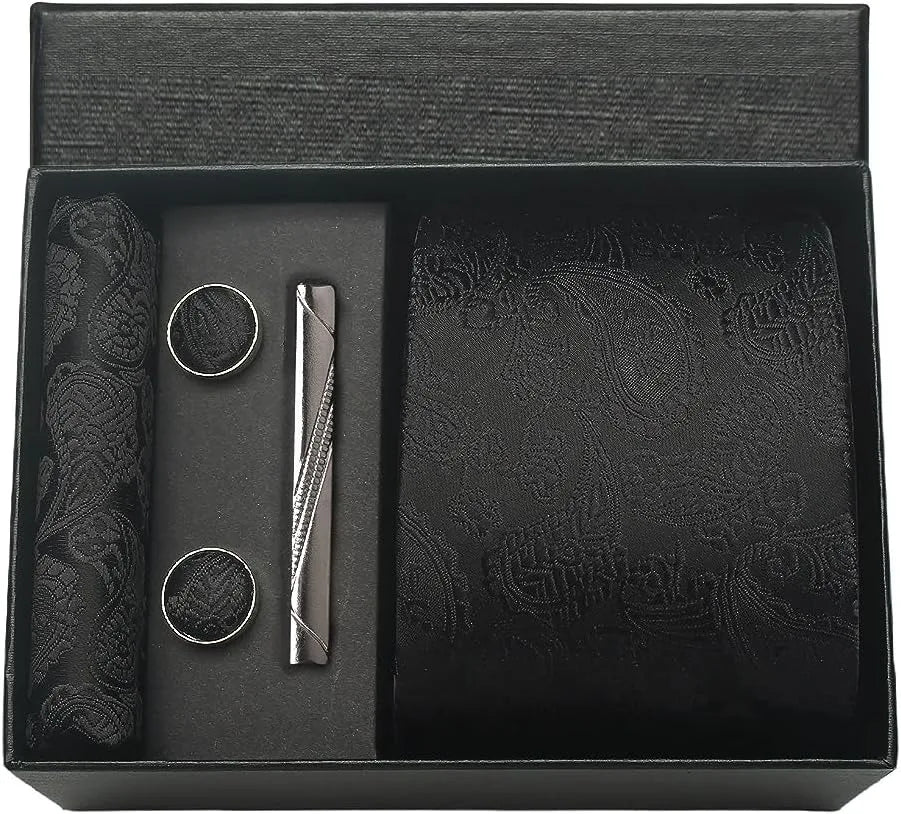 100% Silk Necktie Paisley Floral Mens Tie Top Quality Business Tie Pocket Square Tie Clip Cufflinks Set Classic for Men Gift Box