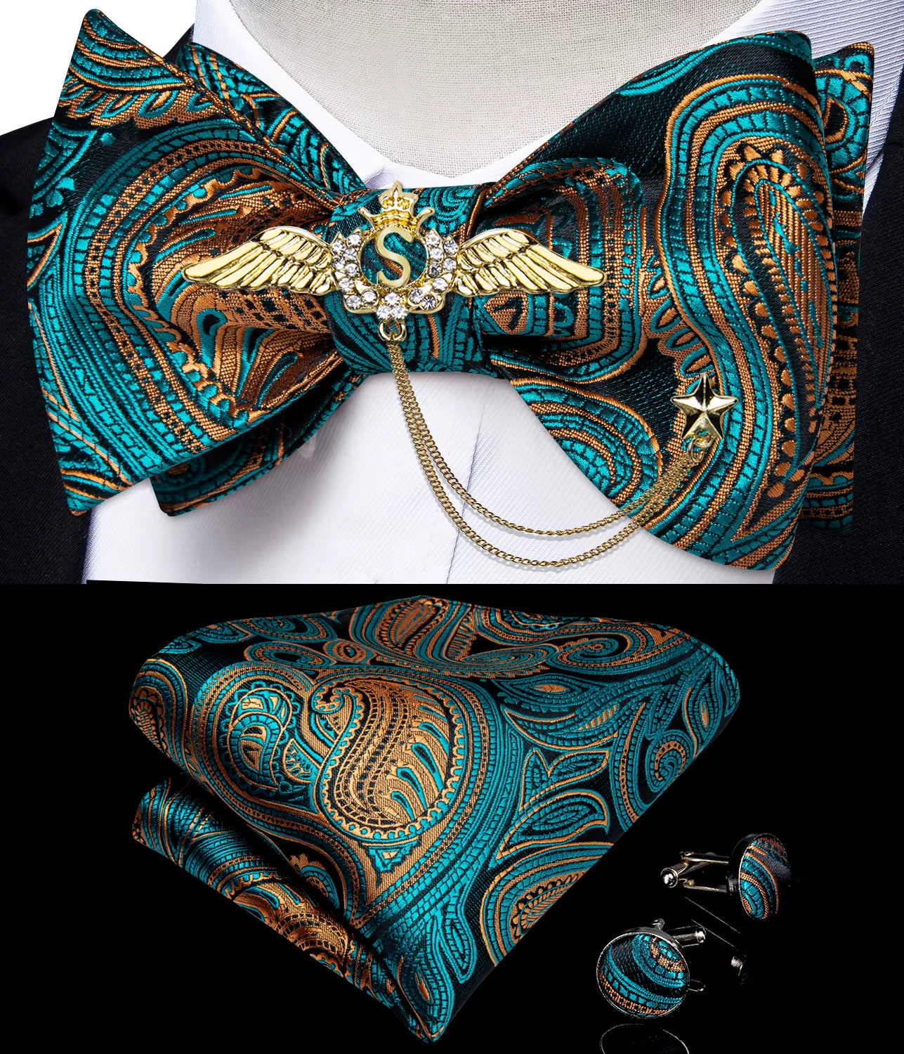 New Arrival Bow Ties for Men Silk Bowties Cufflinks Handkerchief Set for Party Wedding Suit Accessories Man Tie Golden Brooch