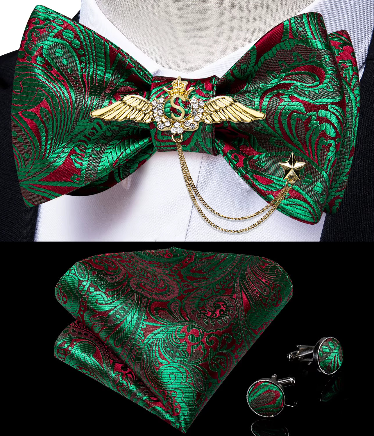 New Arrival Bow Ties for Men Silk Bowties Cufflinks Handkerchief Set for Party Wedding Suit Accessories Man Tie Golden Brooch