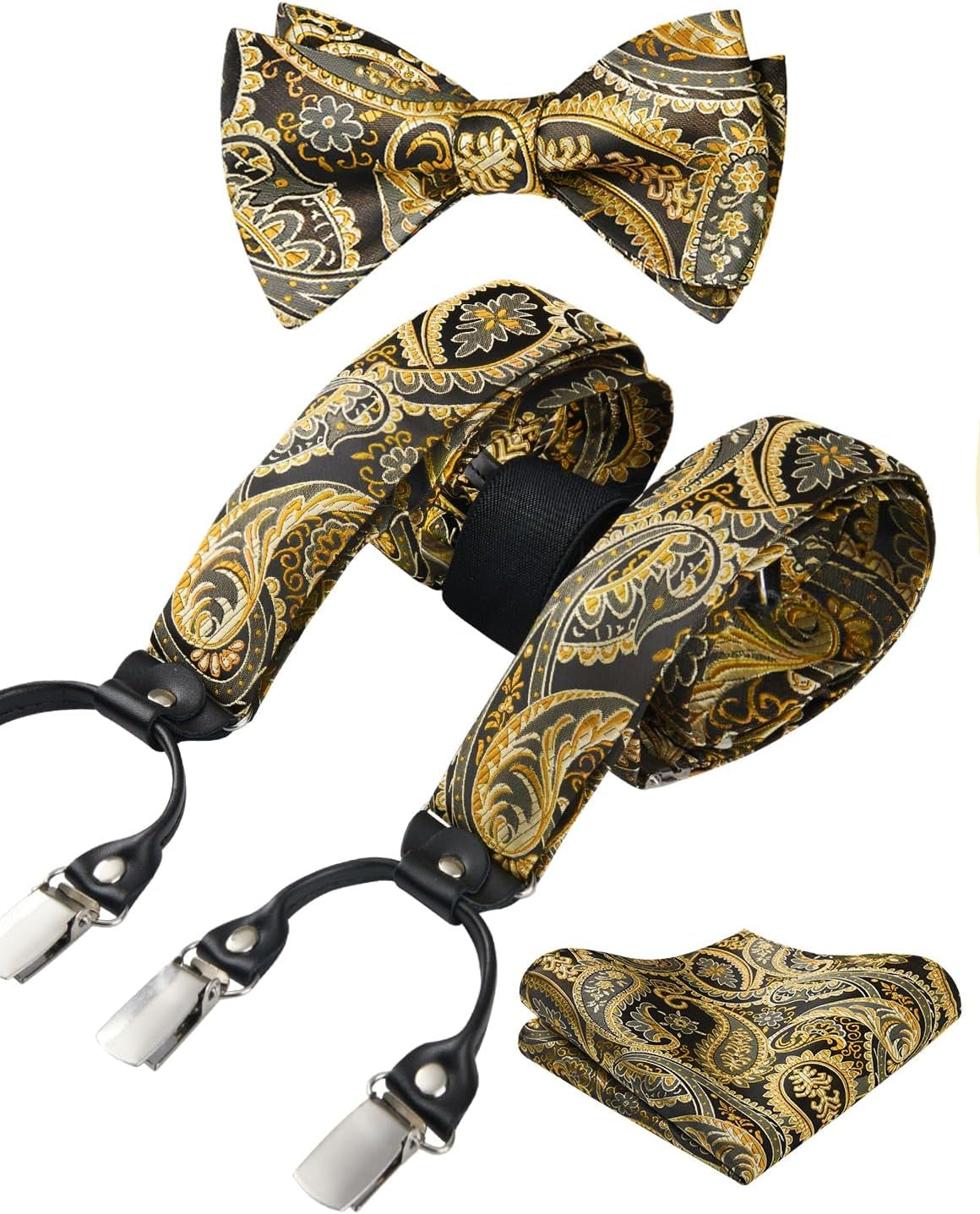 Suspenders for Men Paisley Floral Self Tied Bow Tie and Suspender Pocket Square Sets Adjustable Wedding Braces