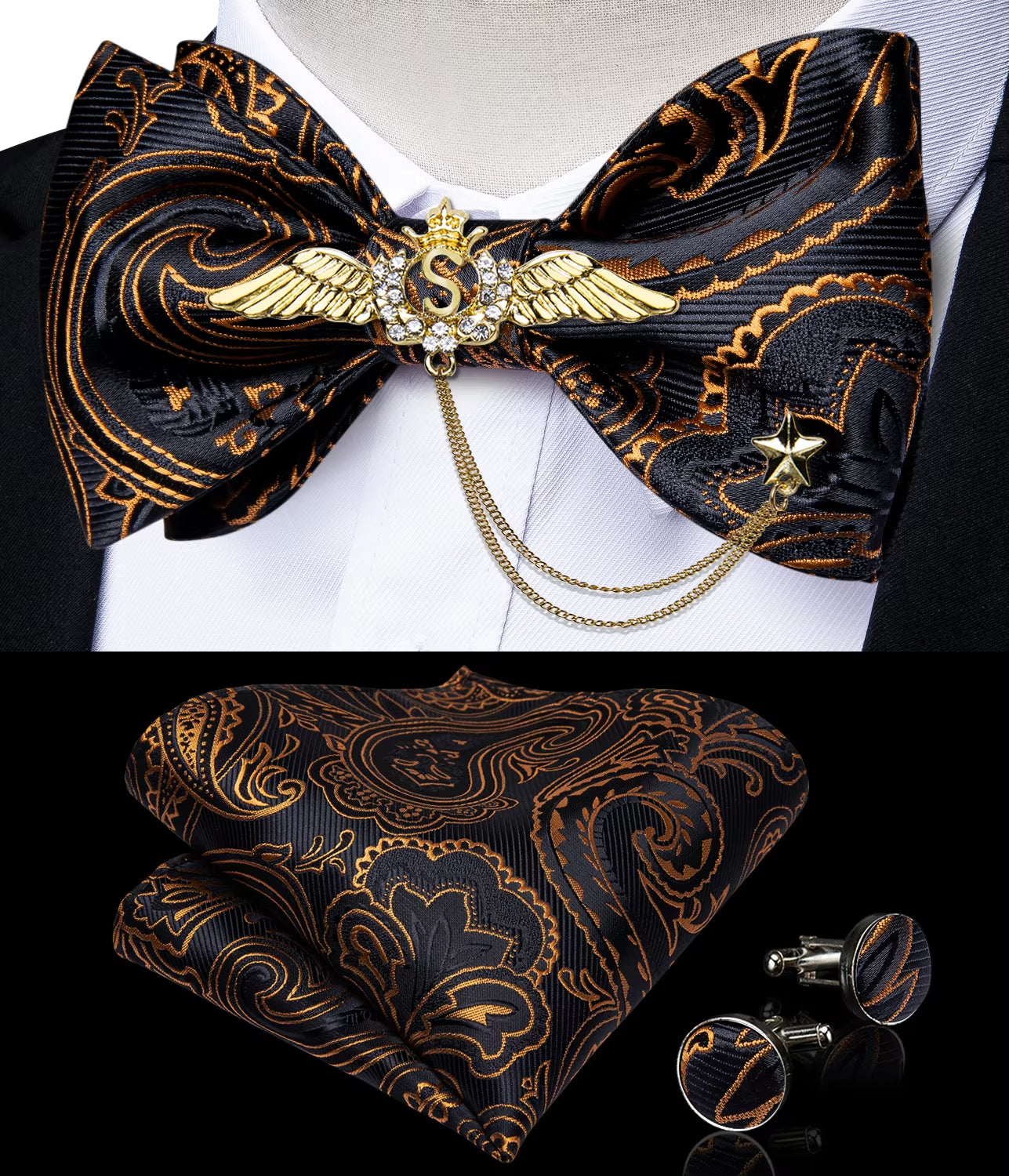 New Arrival Bow Ties for Men Silk Bowties Cufflinks Handkerchief Set for Party Wedding Suit Accessories Man Tie Golden Brooch