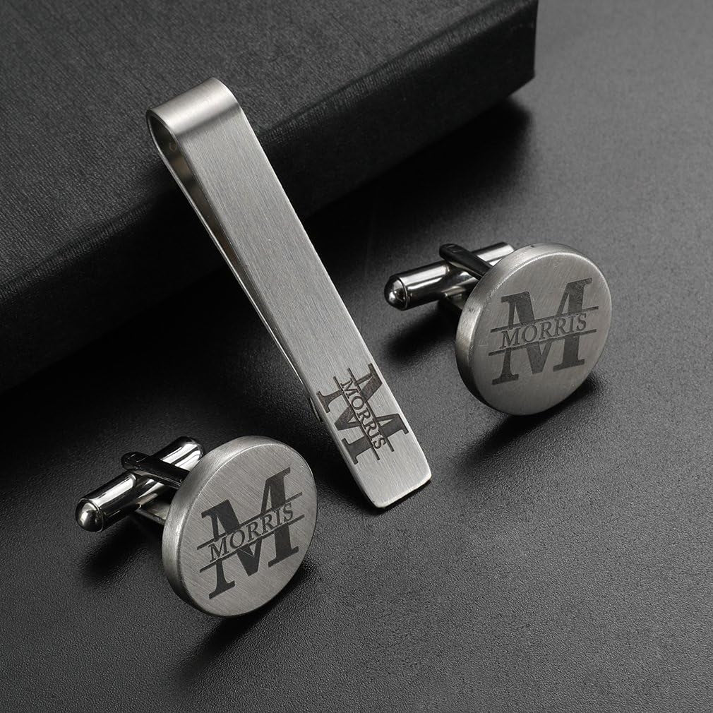 Cufflinks Wedding Engraved Groom Groomsman Father of the Bride Best Man Tie Clip Tack Bar