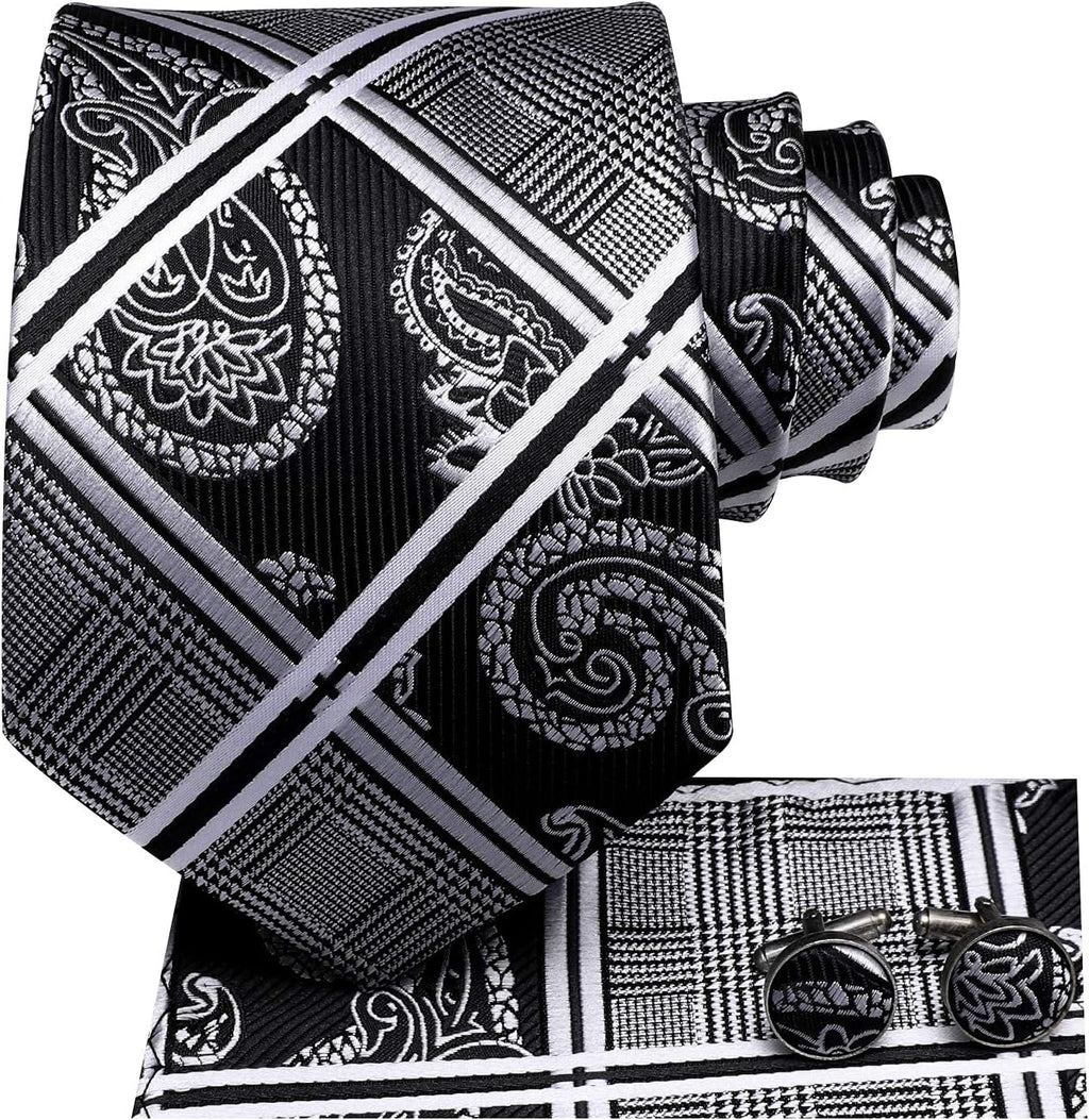 Mens Plaid Ties Classic Paisley Necktie with Handkerchief Cufflinks Set Business Stripe Tie