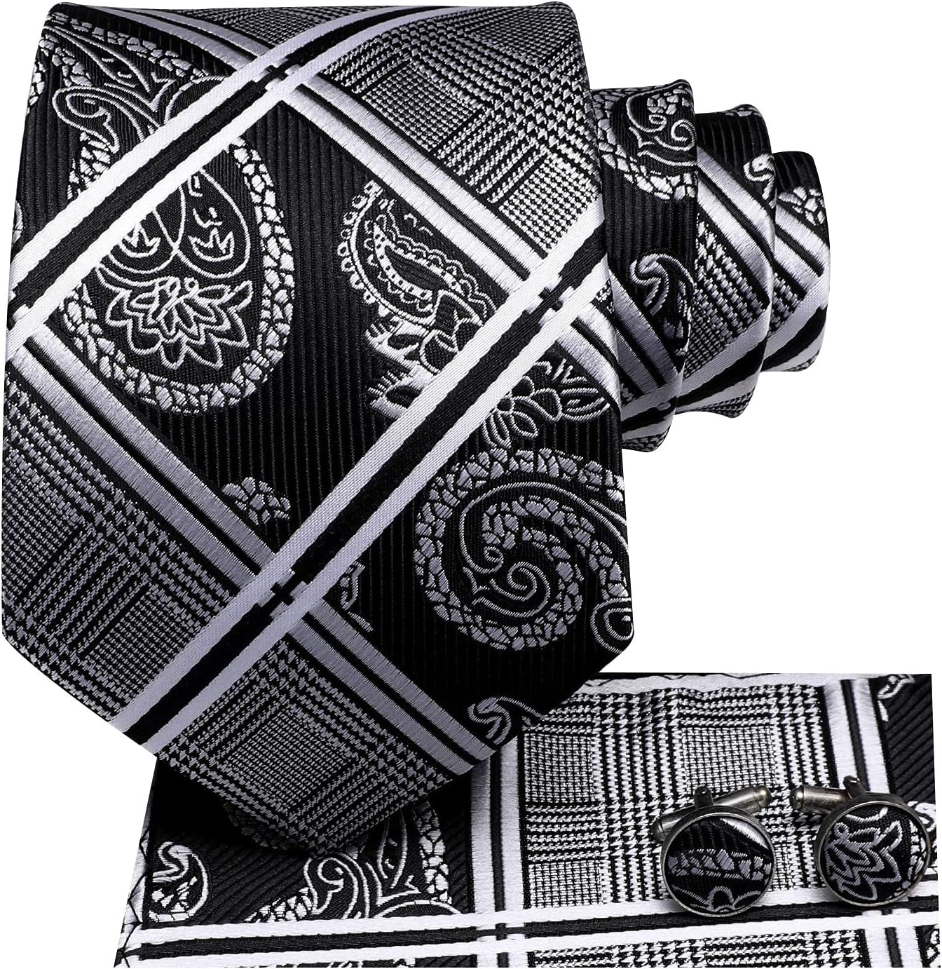 Mens Plaid Ties Classic Paisley Necktie with Handkerchief Cufflinks Set Business Stripe Tie