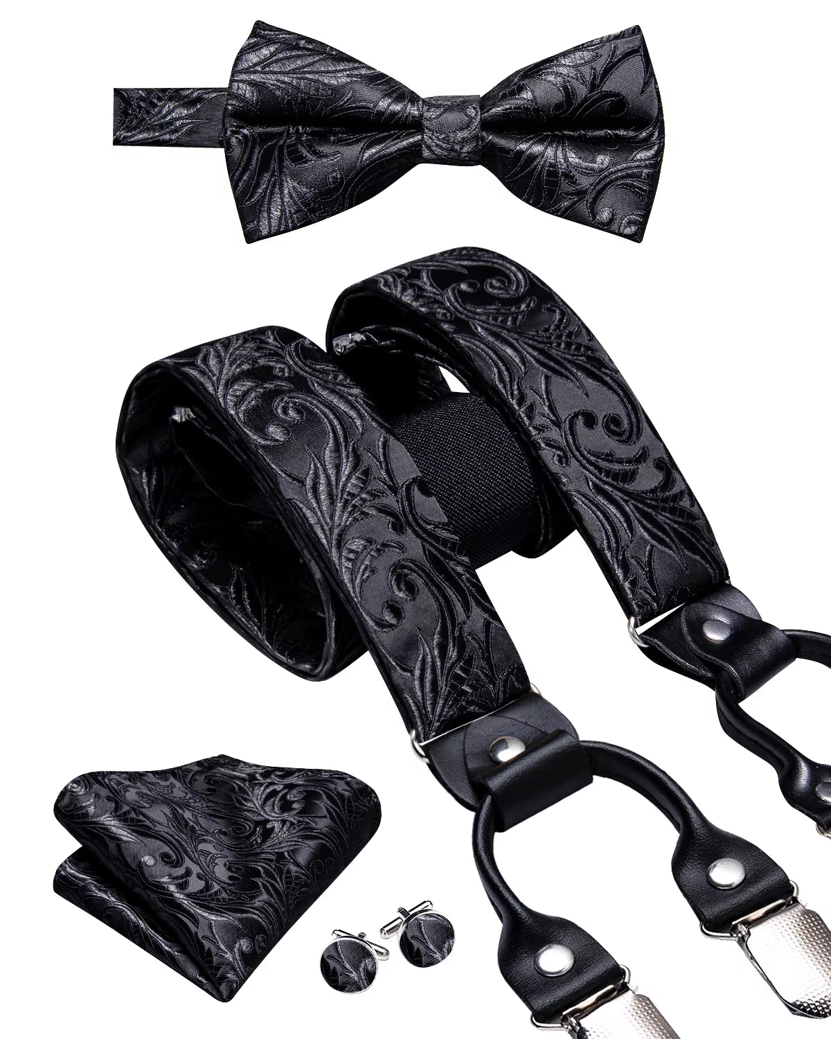 Hi-Tie Vintage Silk Men'S Suspender Set Fashion Gold Floral Suspender and Bow Tie Set Leather Metal 6 Clips Suspender Braces