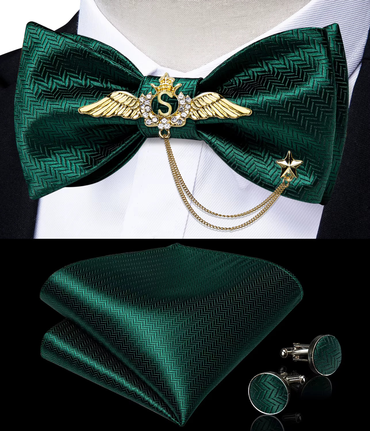 New Arrival Bow Ties for Men Silk Bowties Cufflinks Handkerchief Set for Party Wedding Suit Accessories Man Tie Golden Brooch