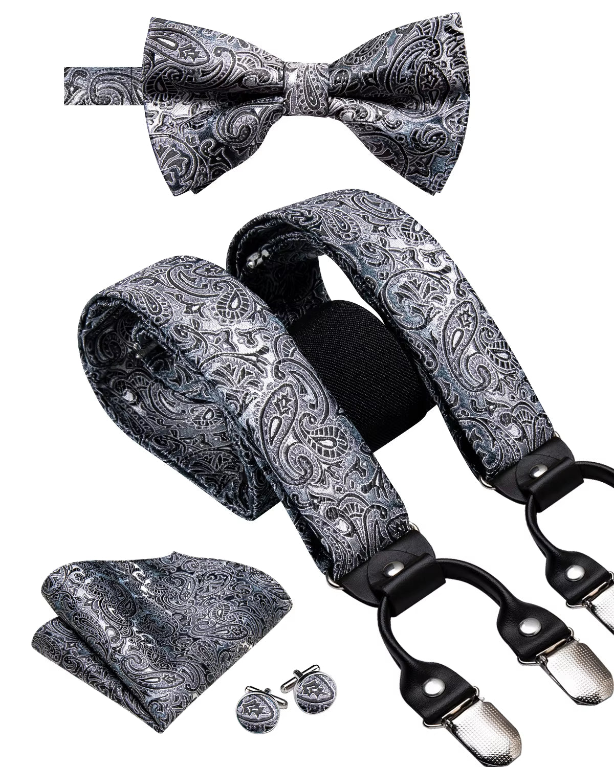Hi-Tie Vintage Silk Men'S Suspender Set Fashion Gold Floral Suspender and Bow Tie Set Leather Metal 6 Clips Suspender Braces