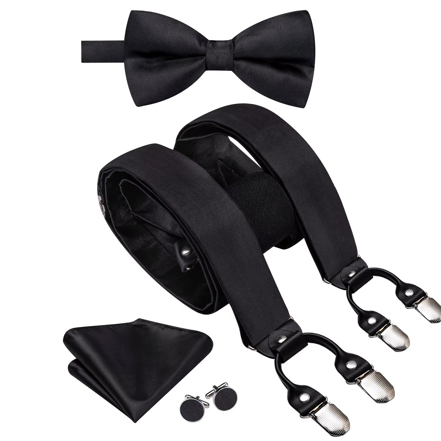 Hi-Tie Vintage Silk Men'S Suspender Set Fashion Gold Floral Suspender and Bow Tie Set Leather Metal 6 Clips Suspender Braces