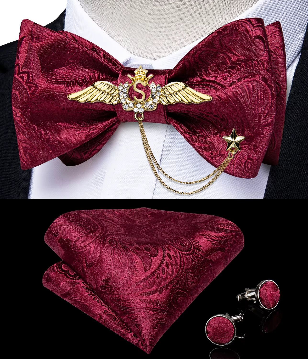 New Arrival Bow Ties for Men Silk Bowties Cufflinks Handkerchief Set for Party Wedding Suit Accessories Man Tie Golden Brooch