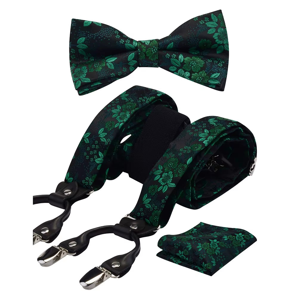Fashion Floral Suspenders Leather 6 Clip Braces Vintage Casual Suspensorio Bow Tie Hanky Set Strap Bretele Father/Husband'S Gift