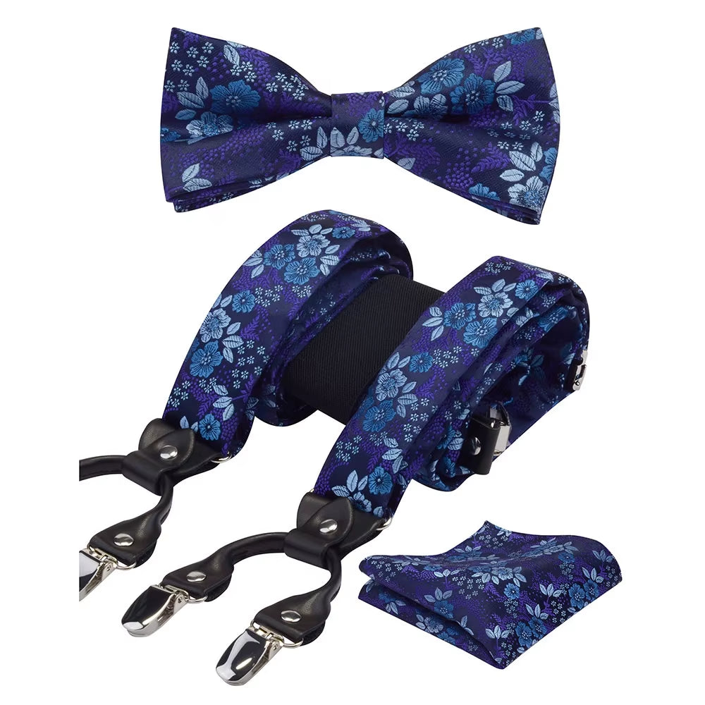 Fashion Floral Suspenders Leather 6 Clip Braces Vintage Casual Suspensorio Bow Tie Hanky Set Strap Bretele Father/Husband'S Gift