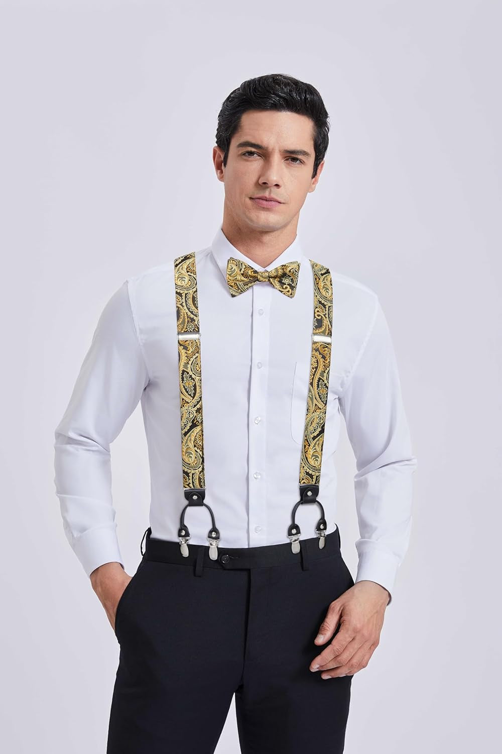 Suspenders for Men Paisley Floral Self Tied Bow Tie and Suspender Pocket Square Sets Adjustable Wedding Braces
