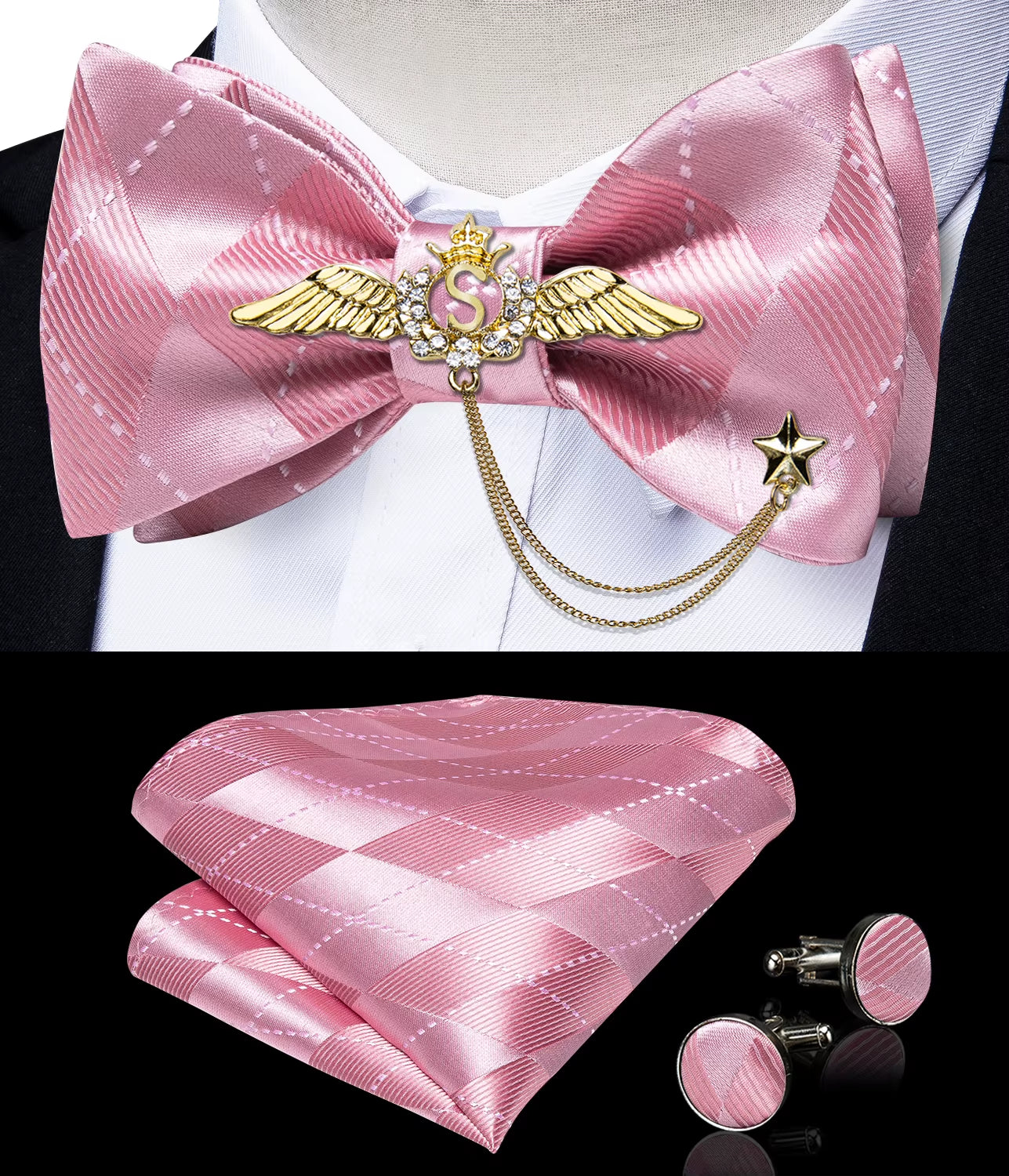 New Arrival Bow Ties for Men Silk Bowties Cufflinks Handkerchief Set for Party Wedding Suit Accessories Man Tie Golden Brooch