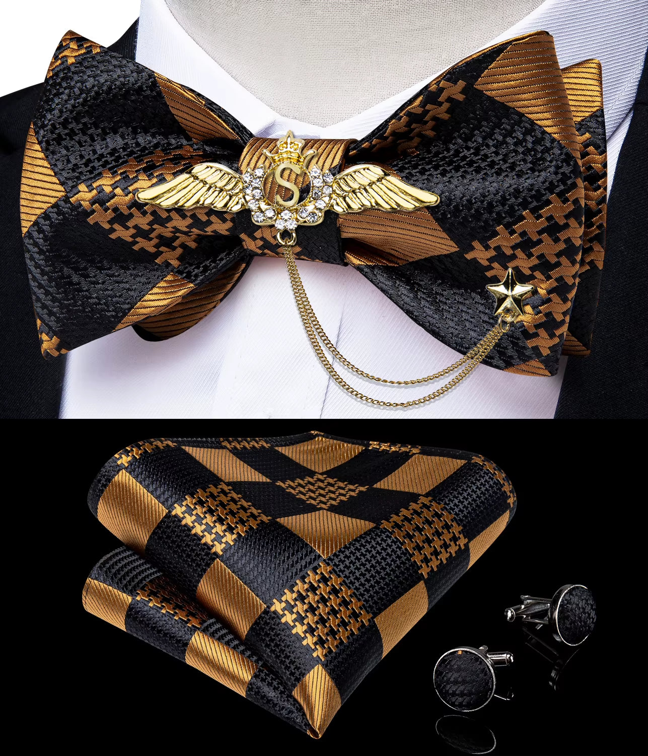 New Arrival Bow Ties for Men Silk Bowties Cufflinks Handkerchief Set for Party Wedding Suit Accessories Man Tie Golden Brooch