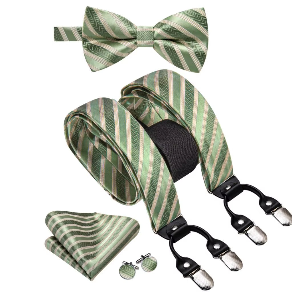 Hi-Tie Vintage Silk Men'S Suspender Set Fashion Gold Floral Suspender and Bow Tie Set Leather Metal 6 Clips Suspender Braces