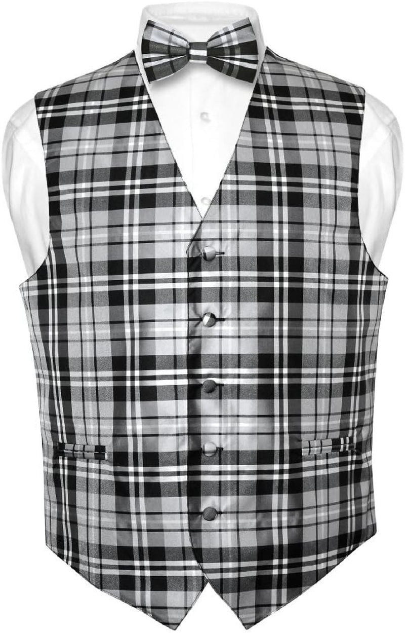 Men'S Plaid Design Dress Vest & Bowtie Black Gray White BOW Tie Set