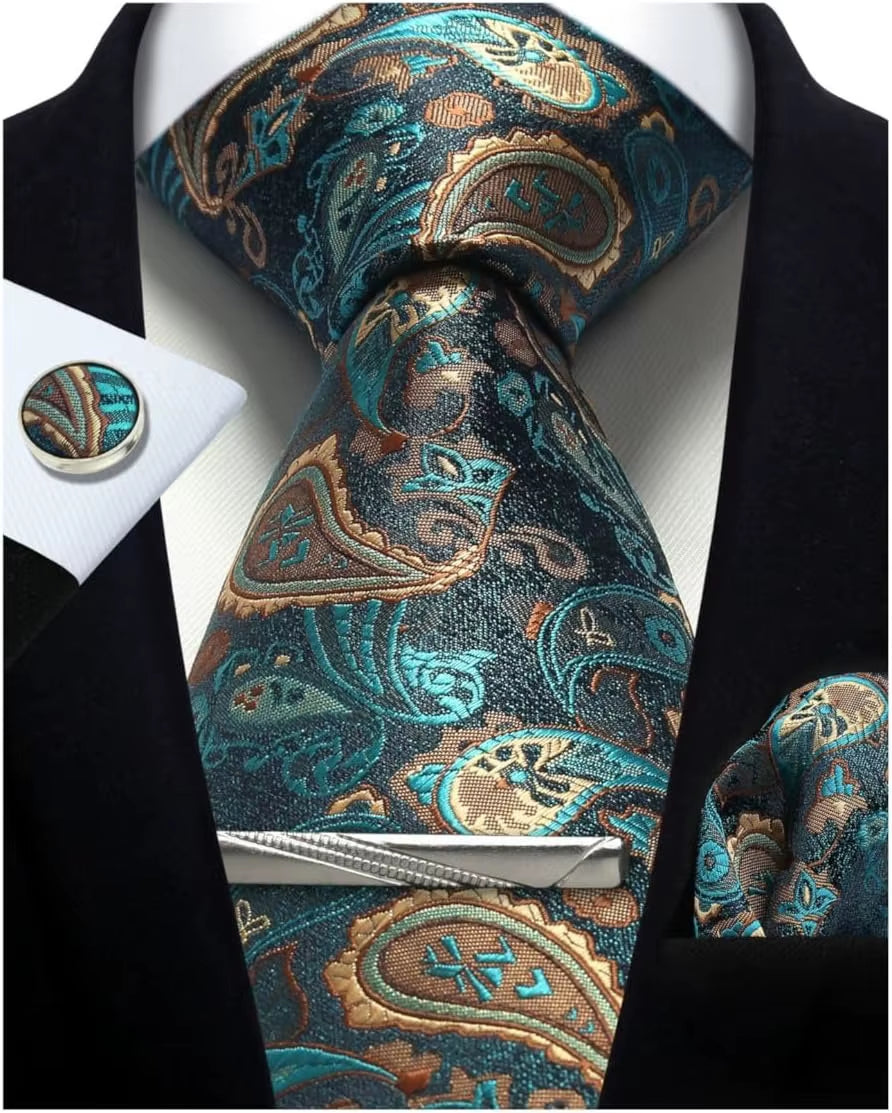 100% Silk Necktie Paisley Floral Mens Tie Top Quality Business Tie Pocket Square Tie Clip Cufflinks Set Classic for Men Gift Box